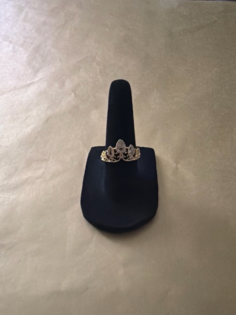 Delicate Gold-Tone Filigree Crown Ring with Clear Accents